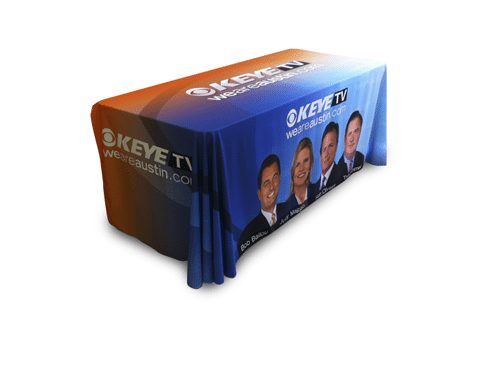 Custom Printed Table Covers for Trade Show & Event Displays | K EYE TV CBS Station Company Product | Giant Printing Table Cover Displays